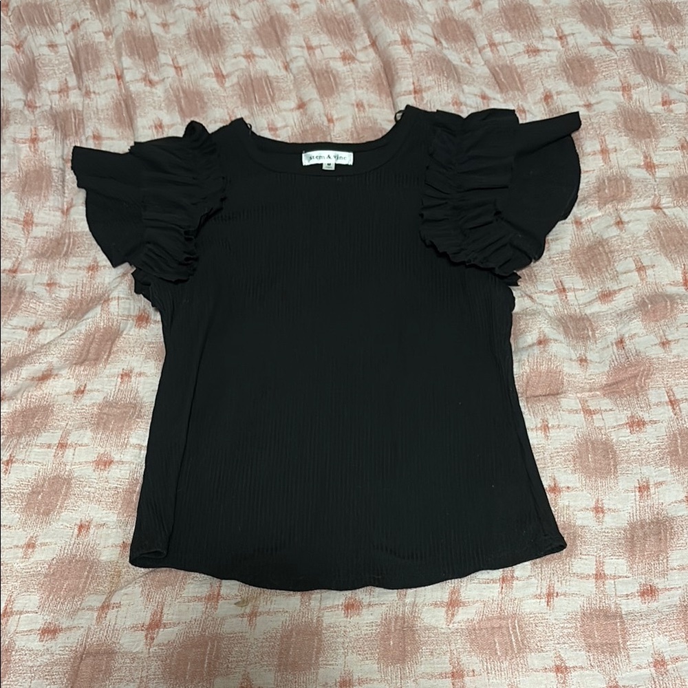 Black Flutter Sleeve Ruffled Blouse